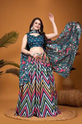 Teal Blue Crepe Silk Digital Laheriya Printed Indian Lehenga Dress 5