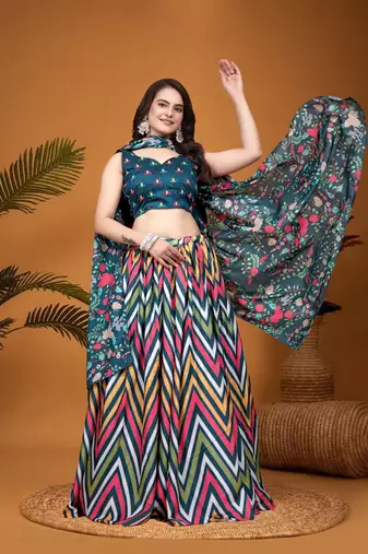 Teal Blue Crepe Silk Digital Laheriya Printed Indian Lehenga Dress