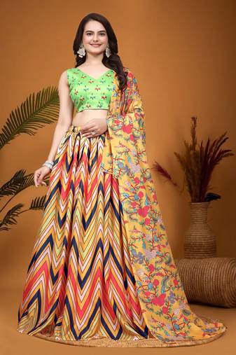 Mustard & parrot green Crepe Silk Digital Laheriya Printed Indian Dress Lehenga Choli