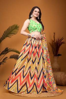 Mustard & parrot green Crepe Silk Digital Laheriya Printed Indian Dress Lehenga Choli 3