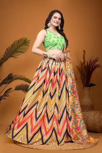 Mustard & parrot green Crepe Silk Digital Laheriya Printed Indian Dress Lehenga Choli