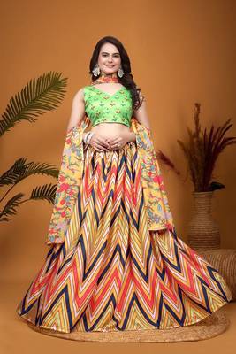 Mustard & parrot green Crepe Silk Digital Laheriya Printed Indian Dress Lehenga Choli 4