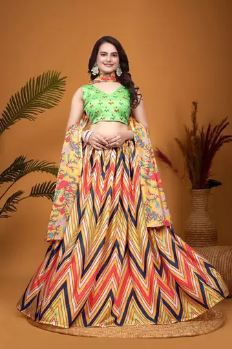 Mustard & parrot green Crepe Silk Digital Laheriya Printed Indian Dress Lehenga Choli