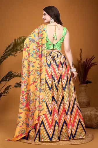 Mustard & parrot green Crepe Silk Digital Laheriya Printed Indian Dress Lehenga Choli