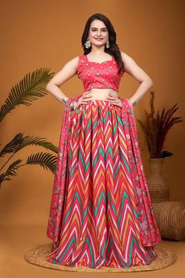 Multicolor Crepe Silk Laheriya Printed Indian Lehenga Choli Designs 1