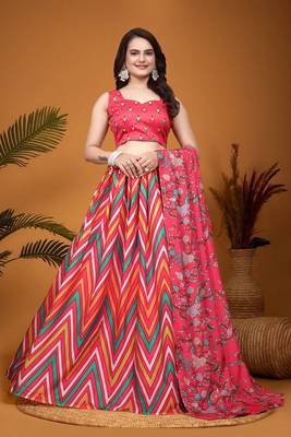 Multicolor Crepe Silk Laheriya Printed Indian Lehenga Choli Designs 3