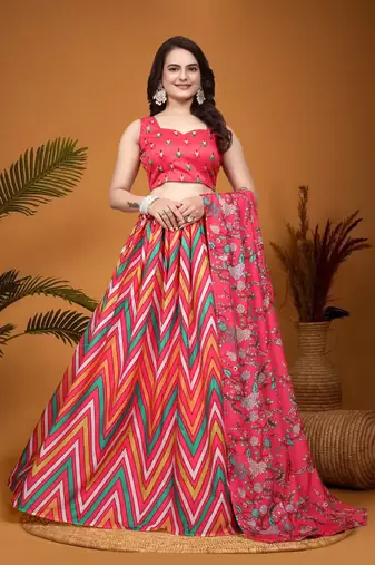 Multicolor Crepe Silk Laheriya Printed Indian Lehenga Choli Designs