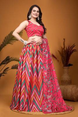 Multicolor Crepe Silk Laheriya Printed Indian Lehenga Choli Designs 5