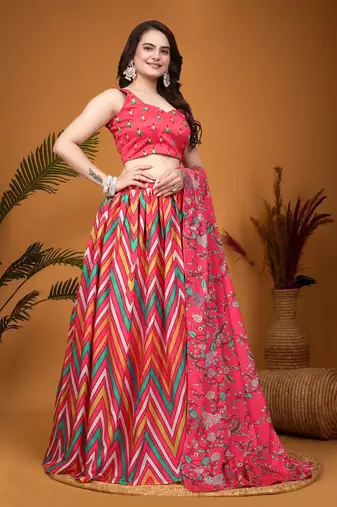 Multicolor Crepe Silk Laheriya Printed Indian Lehenga Choli Designs