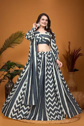  Black & White Crepe Silk Laheriya Printed Lehenga Dress