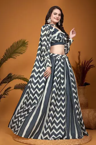  Black & White Crepe Silk Laheriya Printed Lehenga Dress