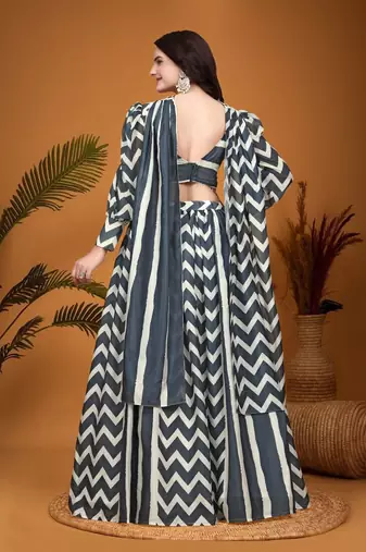  Black & White Crepe Silk Laheriya Printed Lehenga Dress