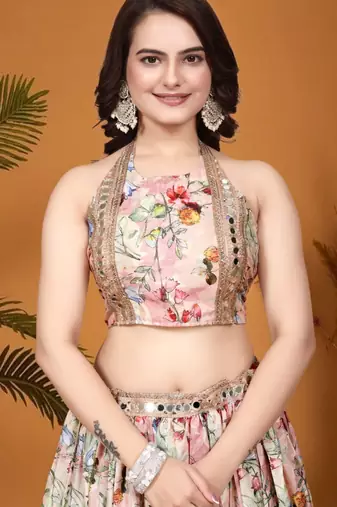 Multicolor Silk Floral Printed Lehenga Choli