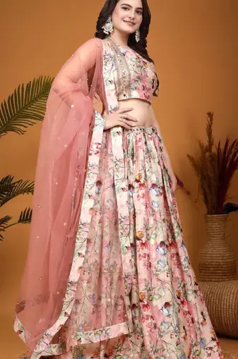 Multicolor Silk Floral Printed Lehenga Choli