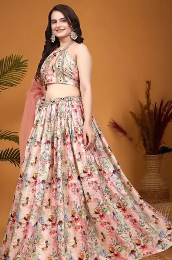 Multicolor Silk Floral Printed Lehenga Choli