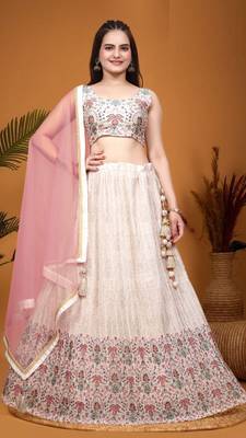 Fetching Peach Crepe Silk Digital Printed Indian Wedding Lehenga Dress 1
