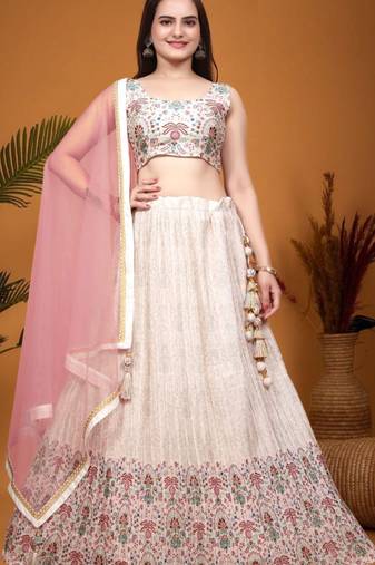 Fetching Peach Crepe Silk Digital Printed Indian Wedding Lehenga Dress