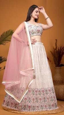 Fetching Peach Crepe Silk Digital Printed Indian Wedding Lehenga Dress 2