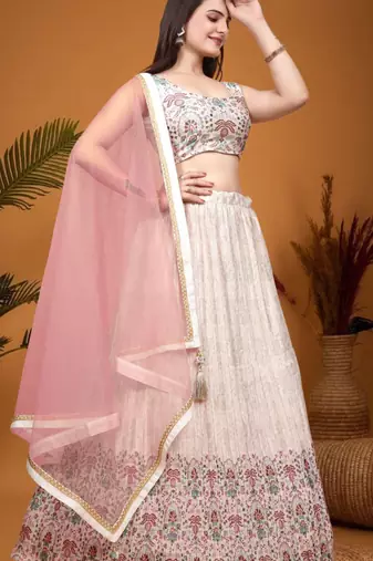 Fetching Peach Crepe Silk Digital Printed Indian Wedding Lehenga Dress