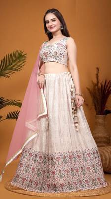 Fetching Peach Crepe Silk Digital Printed Indian Wedding Lehenga Dress 3