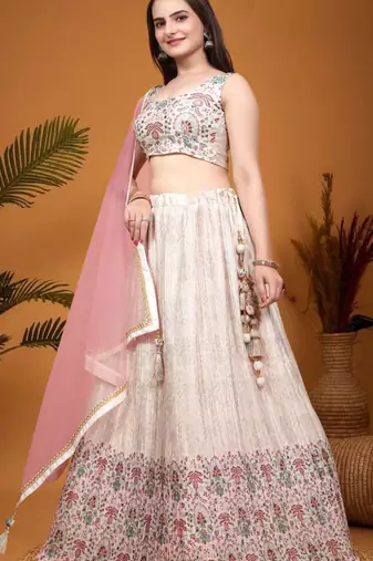 Fetching Peach Crepe Silk Digital Printed Indian Wedding Lehenga Dress