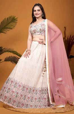 Fetching Peach Crepe Silk Digital Printed Indian Wedding Lehenga Dress 4
