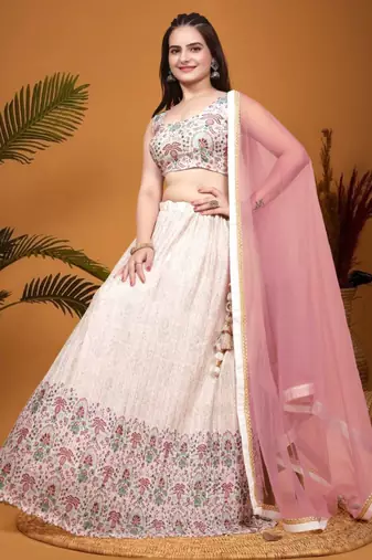 Fetching Peach Crepe Silk Digital Printed Indian Wedding Lehenga Dress