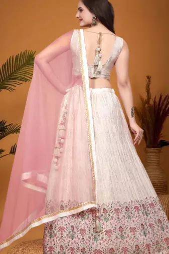 Fetching Peach Crepe Silk Digital Printed Indian Wedding Lehenga Dress
