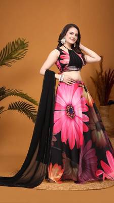 Black Crepe Silk Digital Floral Printed indian bollywood Lehenga Choli 1