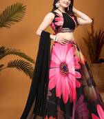 Black Crepe Silk Digital Floral Printed indian bollywood Lehenga Choli
