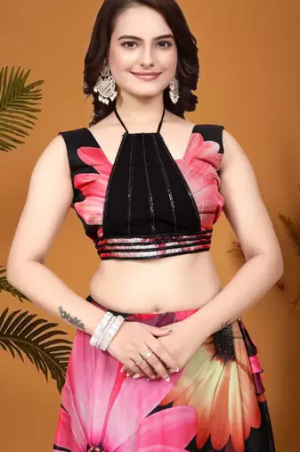 Black Crepe Silk Digital Floral Printed indian bollywood Lehenga Choli