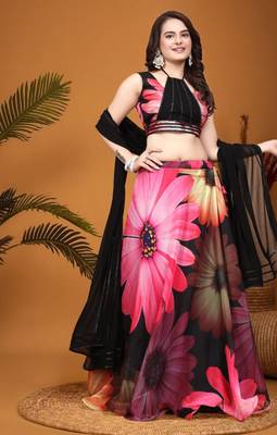 Black Crepe Silk Digital Floral Printed indian bollywood Lehenga Choli 3