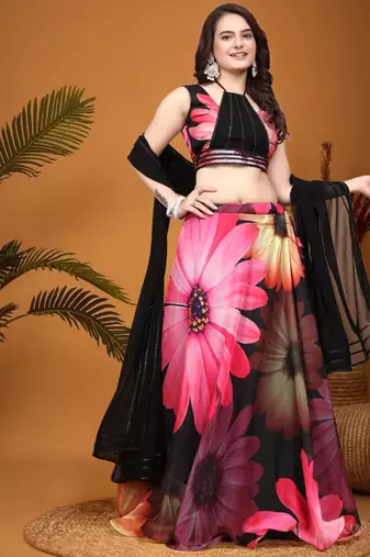 Black Crepe Silk Digital Floral Printed indian bollywood Lehenga Choli