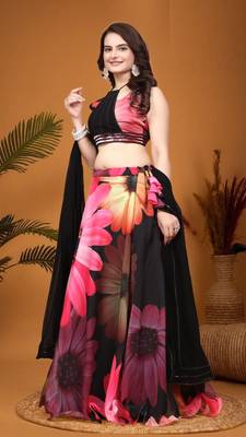 Black Crepe Silk Digital Floral Printed indian bollywood Lehenga Choli 4