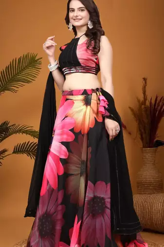 Black Crepe Silk Digital Floral Printed indian bollywood Lehenga Choli