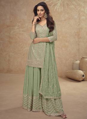 Pista green real chinon embroidered Palazzo suit 1