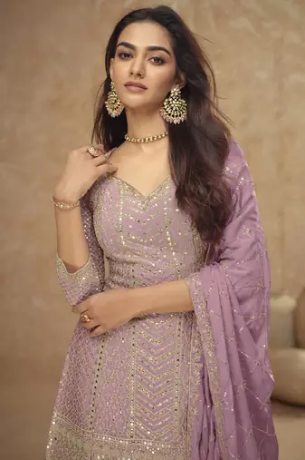 Onion pink chinon embroidered Palazzo suit