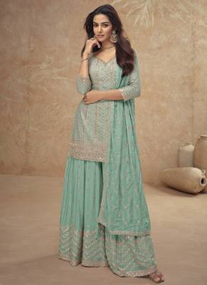 Bottel green real chinon embroidered Palazzo suit 1