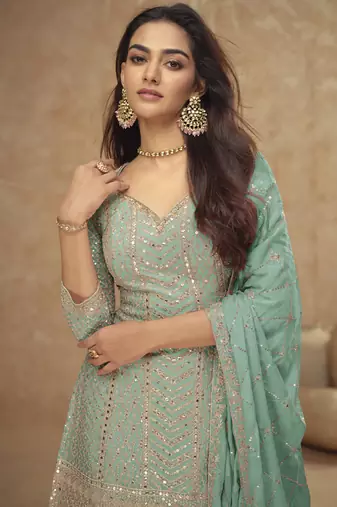 Bottel green real chinon embroidered Palazzo suit