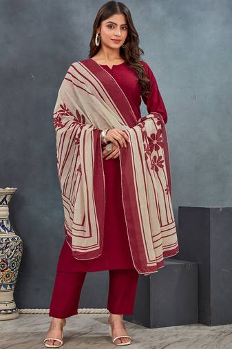 Red roman silk blend kurta pant dupatta suit set