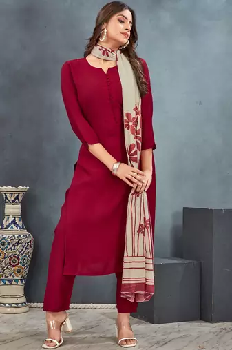 Red roman silk blend kurta pant dupatta suit set