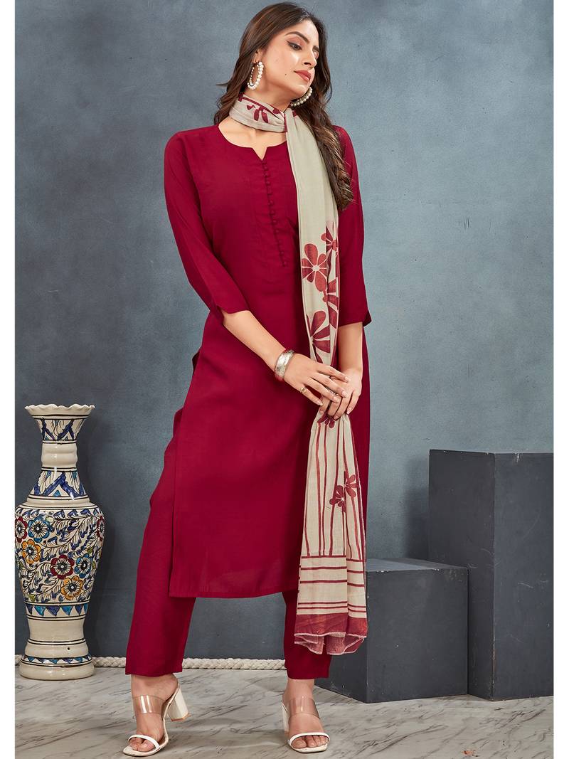Red roman silk blend kurta pant dupatta suit set