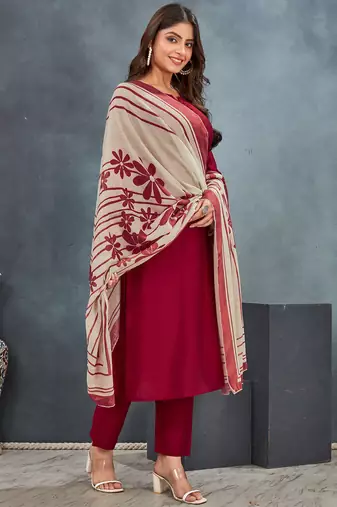 Red roman silk blend kurta pant dupatta suit set