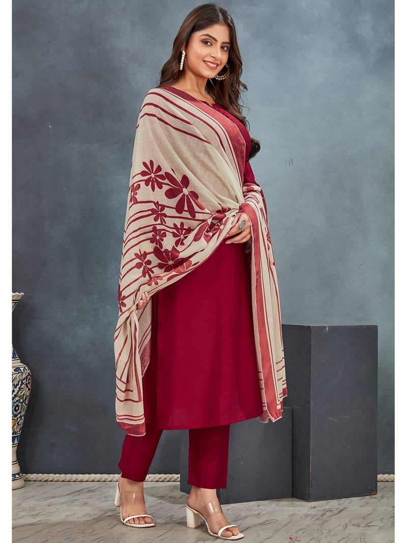 Red roman silk blend kurta pant dupatta suit set