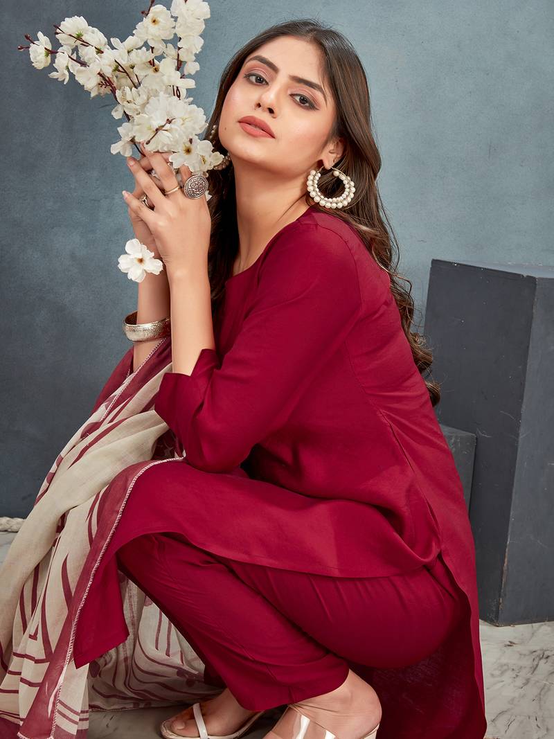 Red roman silk blend kurta pant dupatta suit set