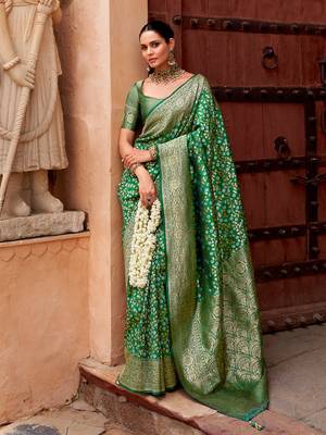 Green color silk blend saree with blouse 1