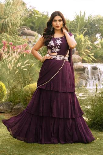 Wine Ready to Wear Georgette Ruffle Style Lehenga Saree With Stitched Embroidered Blouse & Belt