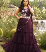 ready to wear wine georgette ruffle style lehenga saree with stitched embroidered blouse & belt