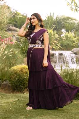 ready to wear wine georgette ruffle style lehenga saree with stitched embroidered blouse & belt 2