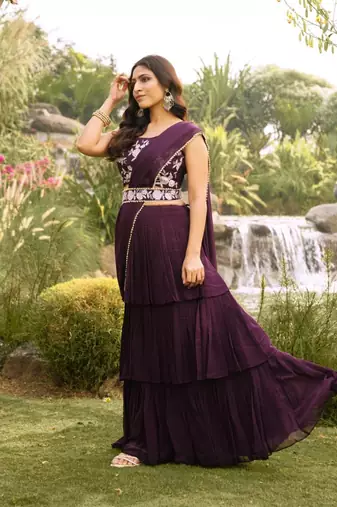 pre-stitched wine georgette ruffle style lehenga saree with stitched embroidered blouse & belt